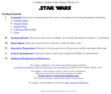 Star Wars Catalog of Musical Leimotifs Feb 2019